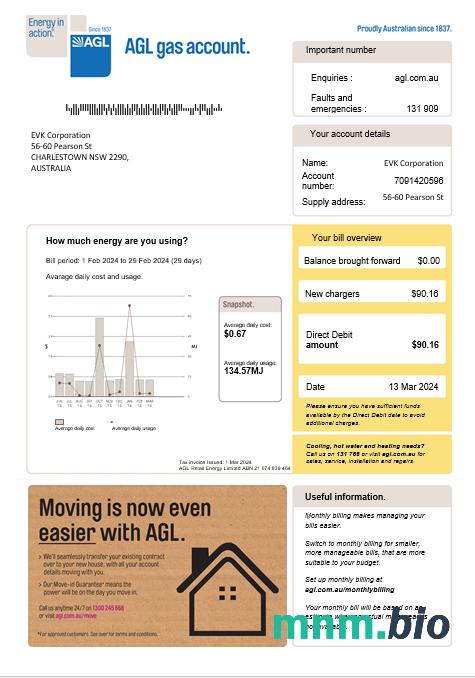 Australia AGL Gas rachunek za usługi komunalne Word i szablon PDF, Wersja 2